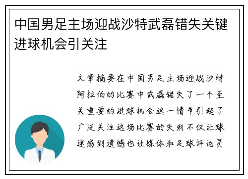 中国男足主场迎战沙特武磊错失关键进球机会引关注